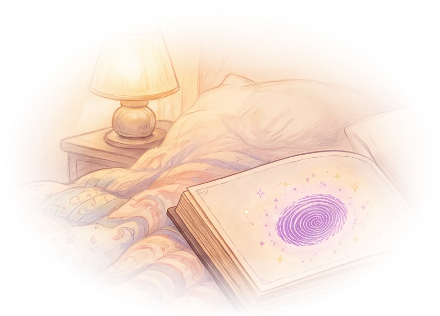 A little book lies open on a cozy bed by the lamp, with a glowing swirly fingerprint on its page