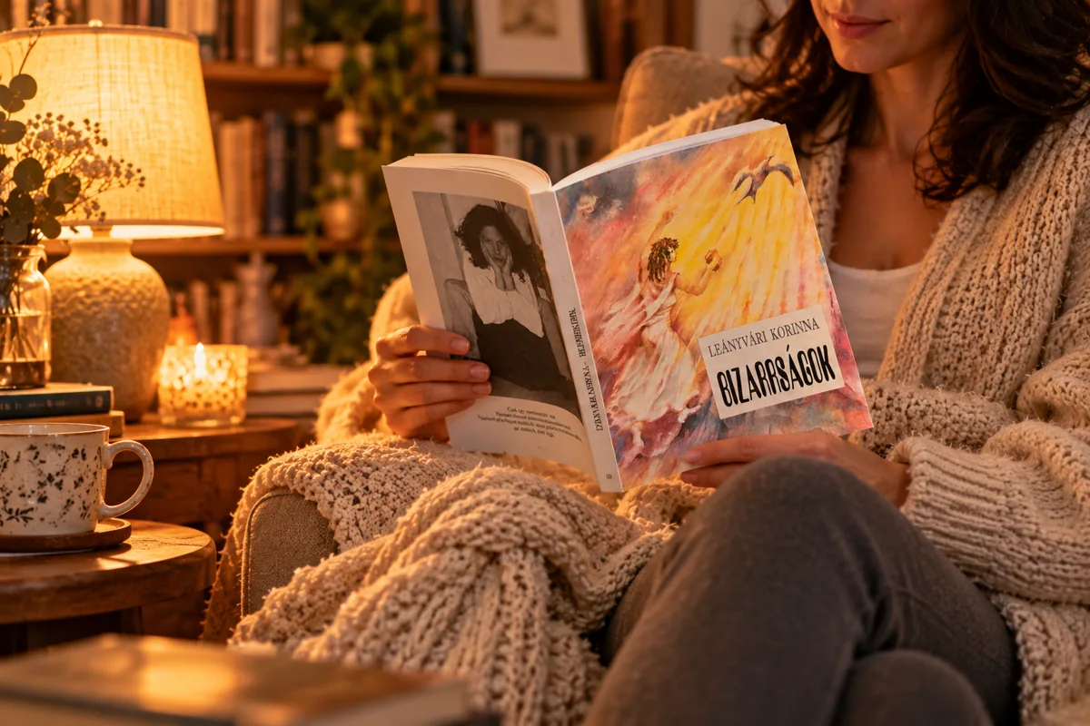 Korinna reading her first book, Bizarrságok, in a cozy armchair by lamplight